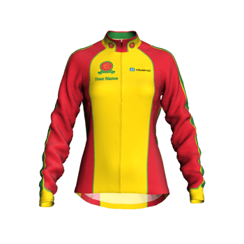 Product view fortypluscc Women's Winter premium tailored long sleeve Jersey in Club Colours with reflective band and zip pocket. Includes the option to add your name, club section or both.
 Product view fortypluscc Women's Winter premium tailored long sleeve Jersey in Club Colours with reflective band and zip pocket. Includes the option to add your name, club section or both.