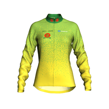 Product view fortypluscc Premium tailored Women's 75th Anniversary Winter long sleeve Jersey in Club Colours with reflective band and zip pocket. Product view fortypluscc Premium tailored Women's 75th Anniversary Winter long sleeve Jersey in Club Colours with reflective band and zip pocket.