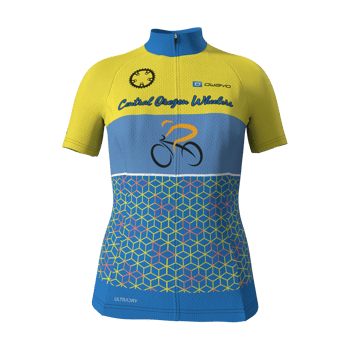 Product view CentralOregonWheelers Women's Yellow/Blue Anniversary jersey 1